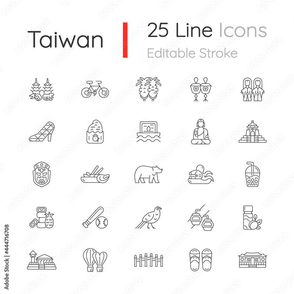 Taiwan linear icons set. Taiwanese traditional national items. Customizable thin line contour symbols. Isolated vector outline illustrations. Editable stroke