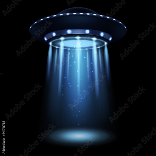 UFO. Realistic alien spaceship with light beam. Futuristic Sci-fi unidentified spacecraft. 3D flying saucer and abduction spotlight ray. Space transport illumination. Vector illustration