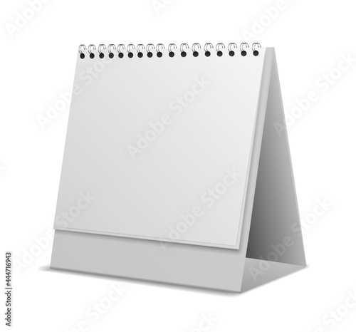 Calendar. Realistic monthly or weekly organizer. White empty desktop stand. Office stationery template for branding. Blank paper sheets and metallic spiral binder. Vector illustration