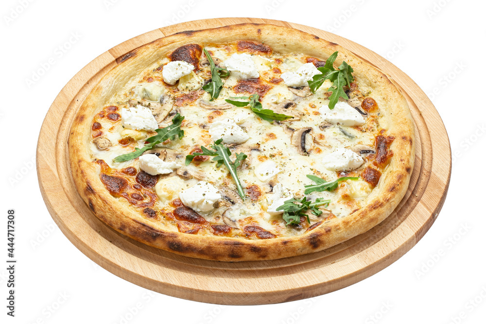 Delicious pizza with pineapple, chicken and cheese, served on a wooden plate isolated on a white background. Concept for advertising flyer and poster for restaurants or pizzerias. Delicious pizza with pineapple, chicken and cheese, served on a wooden plate isolated on a white background. Concept for advertising flyer and poster for restaurants or pizzerias.