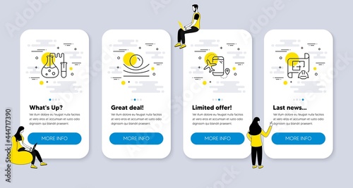 Vector Set of Business icons related to Flights application, Chemistry lab and Elastic material icons. UI phone app screens with people. Engineering plan line symbols. Vector