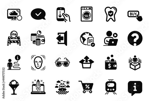 Vector Set of Business icons related to Dental insurance, Train and Scroll down icons. Usa close borders, Recovery cloud and Send box signs. Face detection, Sunglasses and Sign out. Vector