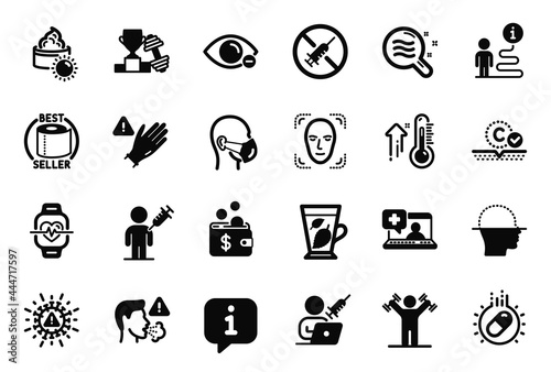 Vector Set of Healthcare icons related to Collagen skin, Cardio training and High thermometer icons. Sun cream, Coronavirus and Use gloves signs. Dumbbells workout, Medical mask and Cough. Vector