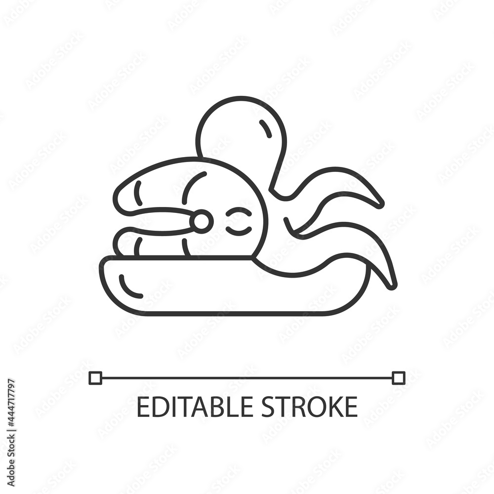 Seafood market linear icon. Taiwan street dishes. Fresh fish. Sea food restaurant dishes. Thin line customizable illustration. Contour symbol. Vector isolated outline drawing. Editable stroke Seafood market linear icon. Taiwan street dishes. Fresh fish. Sea food restaurant dishes. Thin line customizable illustration. Contour symbol. Vector isolated outline drawing. Editable stroke