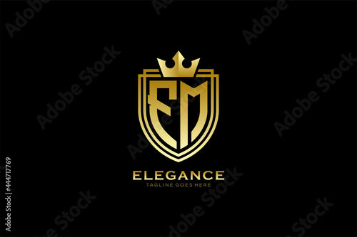 initial FM elegant luxury monogram logo or badge template with scrolls and royal crown - perfect for luxurious branding projects