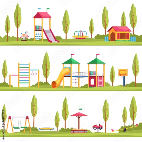 Kids playgrounds. Children outdoor entertainment devices. Multiple location options. Playing area with slide and swing. Recreational equipment. Sandbox and trampoline in park. Vector set