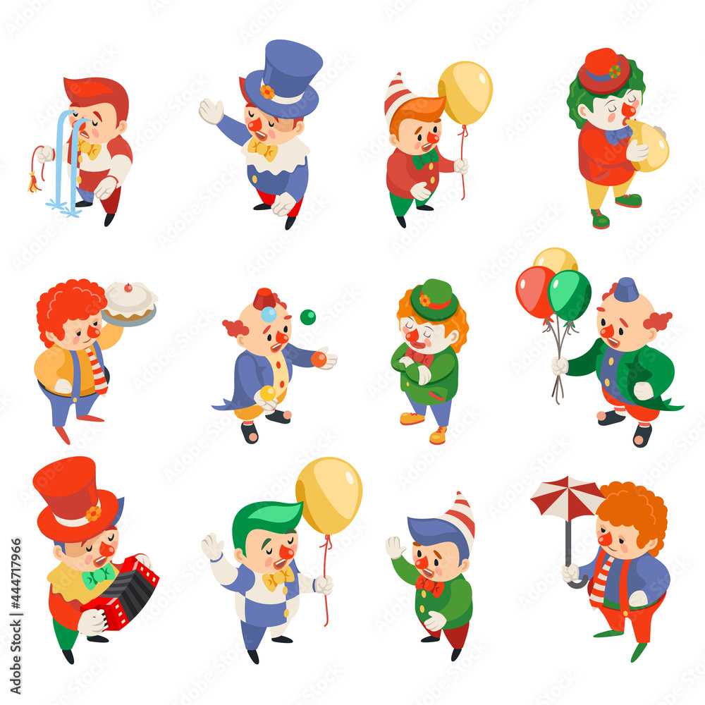 Fototapeta Isometric clowns characters circus party fun carnival funny icons set isolated flat 3d design vector illustration