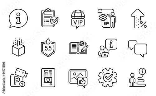 Technology icons set. Included icon as Speech bubble, Increasing percent, Vip internet signs. Survey checklist, Parking security, Cogwheel symbols. Settings blueprint, Coffee vending. Vector