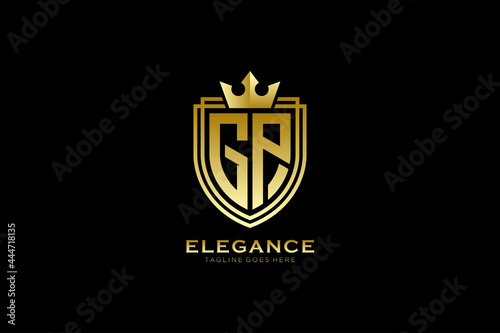 initial GP elegant luxury monogram logo or badge template with scrolls and royal crown - perfect for luxurious branding projects