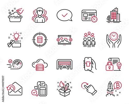 Vector Set of Business icons related to Image carousel, Buildings and Group icons. Parking garage, Cloud server and Group people signs. Creative idea, Hand washing and Security contract. Vector