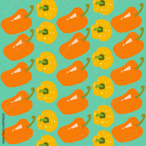 Seamless pattern of different variation colour of bell peppers on the green background. Vegetables pattern, Vegetarian Organic  food pattern
