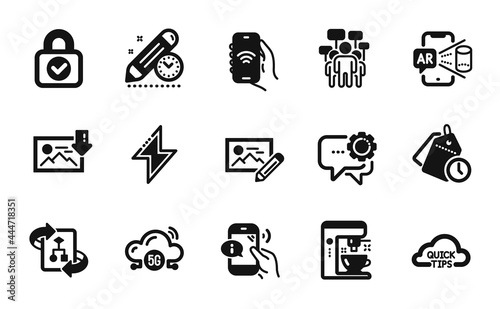 Vector set of Technical algorithm, Project deadline and Internet app icons simple set. Security lock, Energy and Augmented reality icons. Technical algorithm simple web symbol. Vector
