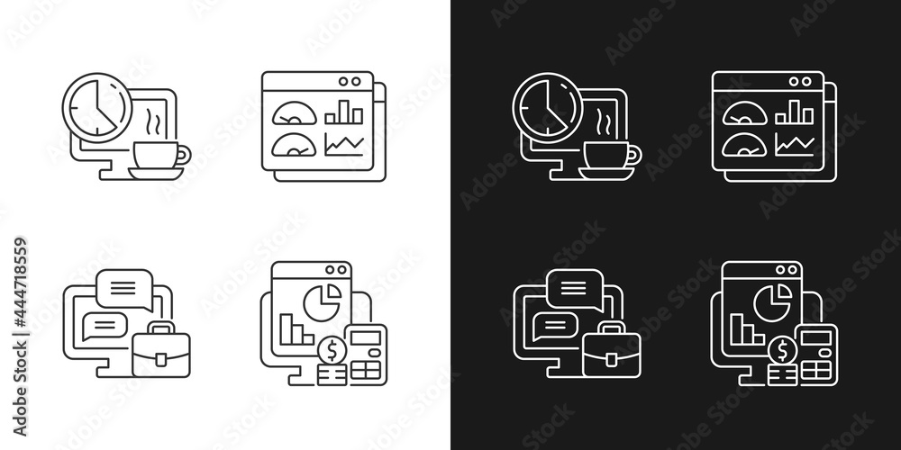 Work tracking linear icons set for dark and light mode. Coffee, lunch break for employee.Work monitoring tools. Customizable thin line symbols. Isolated vector outline illustrations. Editable stroke Work tracking linear icons set for dark and light mode. Coffee, lunch break for employee.Work monitoring tools. Customizable thin line symbols. Isolated vector outline illustrations. Editable stroke