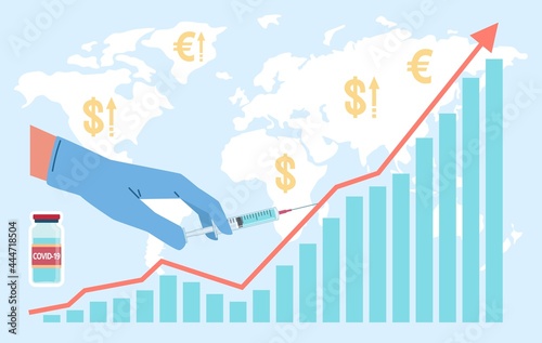 Vaccine economy. Hand in medical glove holding syringe on world map background. Growing profit chart. Worldwide vaccination infographic. Vector revenues from fight against coronavirus