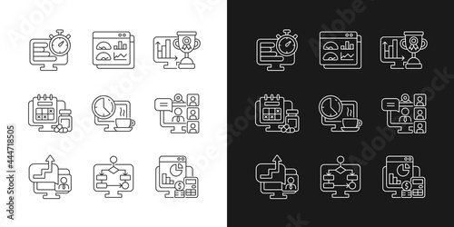 Online work monitoring linear icons set for dark and light mode. Data evaluation for professional management. Customizable thin line symbols. Isolated vector outline illustrations. Editable stroke