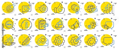 Brand social project line icons. Business strategy, Megaphone and Representative. Influence campaign, social media marketing, brand ambassador icons. Innovation, gift, like sign. Vector