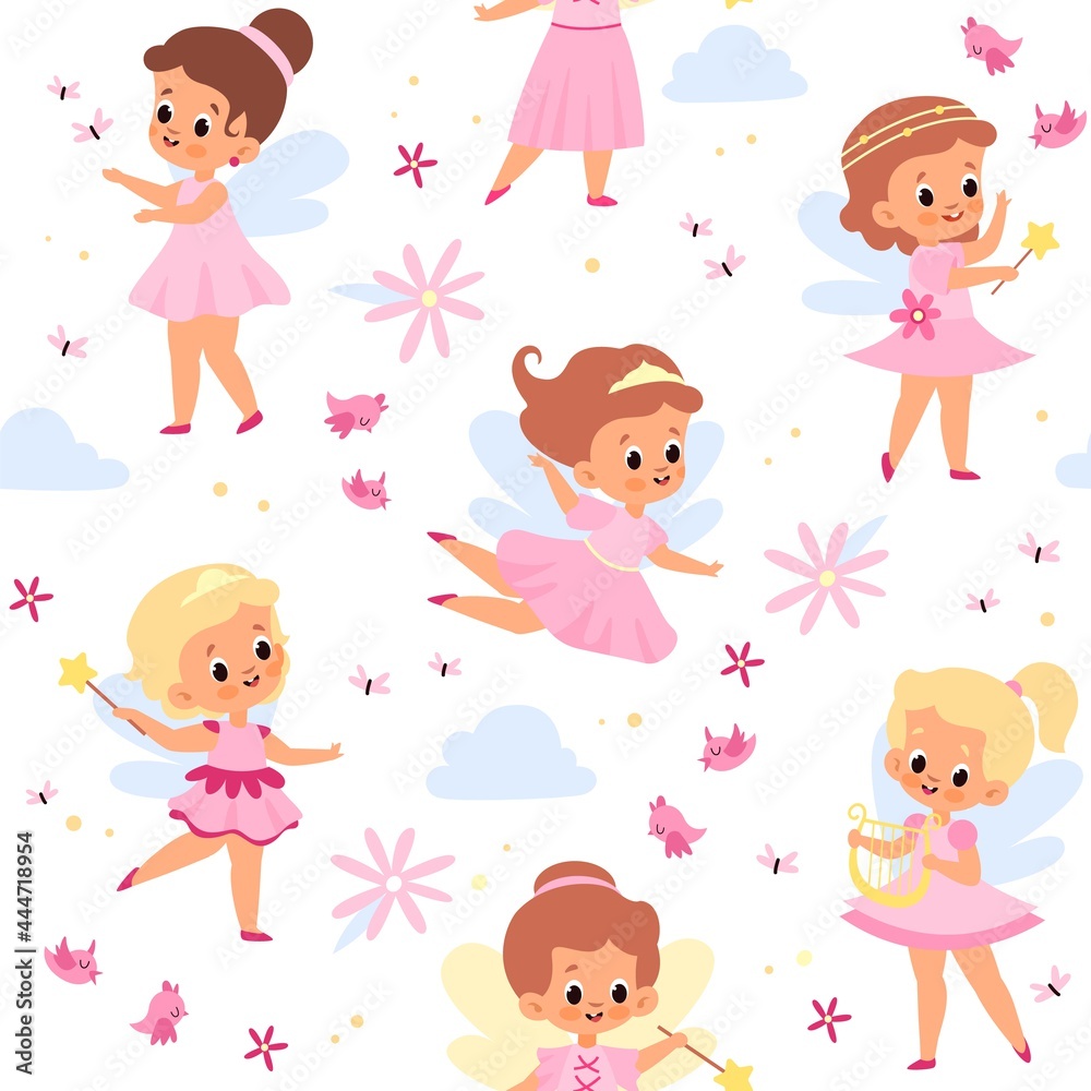 Fairies seamless pattern. Cute winged girls. Young flying sorceresses. Little princess in pink dresses. Baby enchantresses with magical wands. Funny clouds and flowers. Vector background Fairies seamless pattern. Cute winged girls. Young flying sorceresses. Little princess in pink dresses. Baby enchantresses with magical wands. Funny clouds and flowers. Vector background