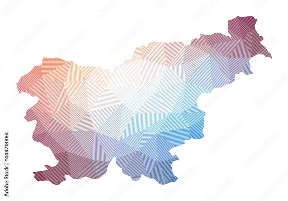 Map of Slovenia. Low poly illustration of the country. Geometric design with stripes. Technology, internet, network concept. Vector illustration.