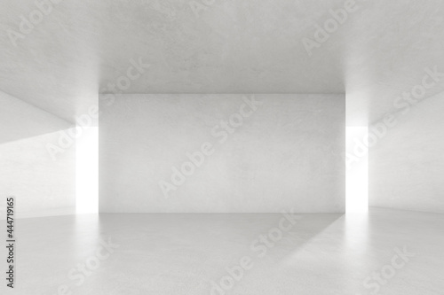 3d render of empty concrete room with large structure on white background.