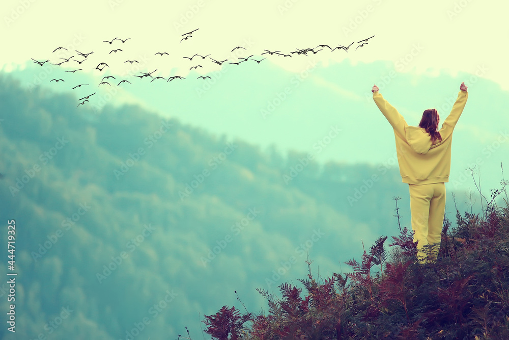 person flying birds freedom mountains, winner vacation concept, nature outdoor landscape