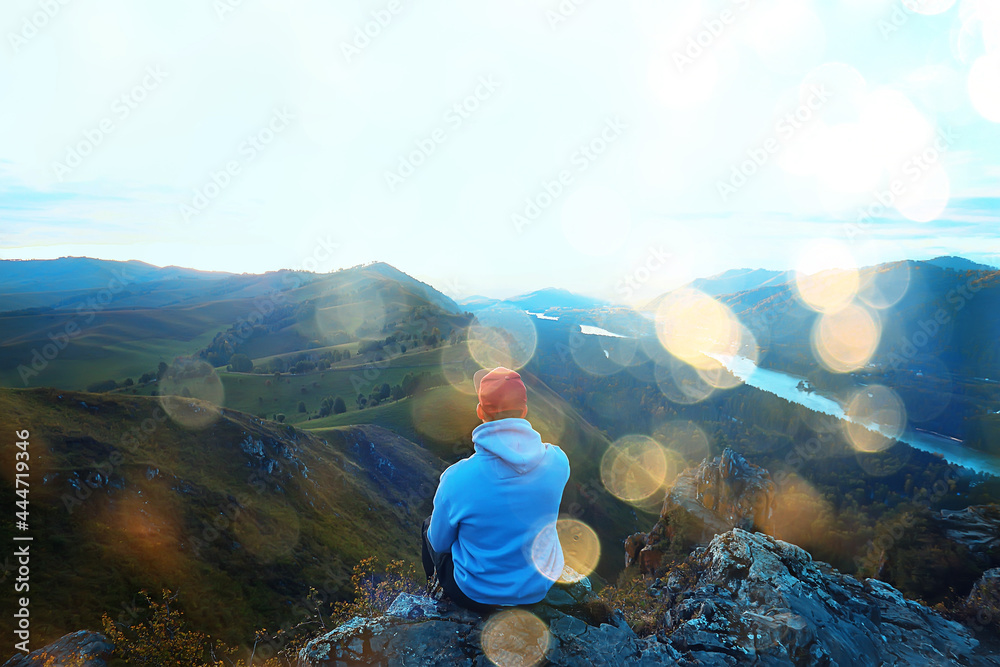 guy mountains sitting, male tourist travel active summer