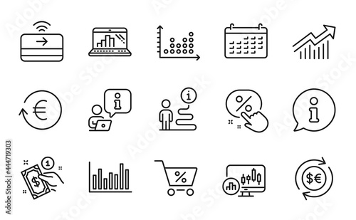 Finance icons set. Included icon as Exchange currency, Payment method, Candlestick chart signs. Special offer, Money currency, Bar diagram symbols. Dot plot, Calendar, Demand curve. Vector