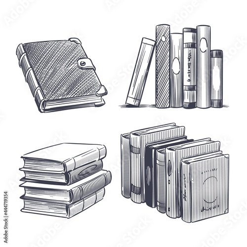 Book hand drawn. Monochrome notebooks sketch. Library and bookstore drawing elements. Engraving stack of textbooks. Hardcover diary or encyclopedia. Vector literature publication set