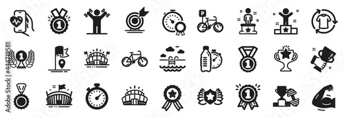 Set of Sports icons  such as Best result  Winner  Fitness water icons. Arena  Success  Arena stadium signs. Flag  Laureate  Winner cup. Swimming pool  Dumbbell  Best rank. Reward  Timer. Vector