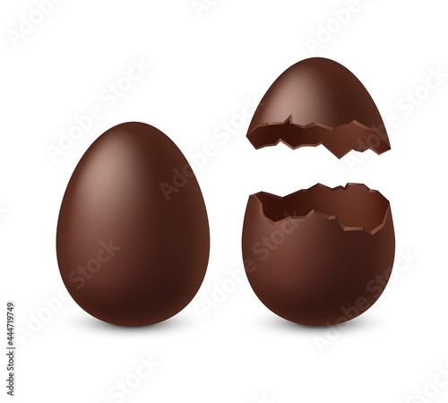 Chocolate chicken egg. Dessert in shape of whole and broken spheres. Realistic confectionery. Tasty gift for children. Sweet food set. Vector kids delicious hollow snack with surprise