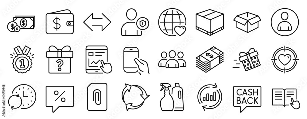 Set of line icons, such as Valentine target, Sync, Attachment icons. Shampoo and spray, Hold smartphone, Discount message signs. Group, Delivery box, Present delivery. Security, Approved. Vector Set of line icons, such as Valentine target, Sync, Attachment icons. Shampoo and spray, Hold smartphone, Discount message signs. Group, Delivery box, Present delivery. Security, Approved. Vector