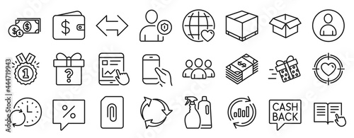 Set of line icons  such as Valentine target  Sync  Attachment icons. Shampoo and spray  Hold smartphone  Discount message signs. Group  Delivery box  Present delivery. Security  Approved. Vector