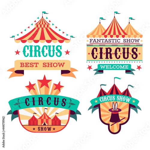 Emblems Circus show. Retro festival signboards. Carnival invitational banners. Fun event labels. Badges set with striped tents and letterings on ribbons. Vector entertaining performance
