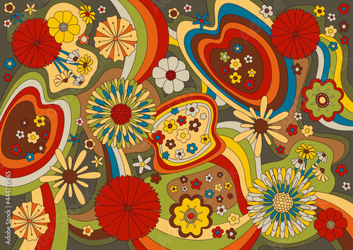 Psychedelic Floral Background, Paisley Pattern with Abstract Fantasy Flowers, 1960s Psychedelic Art Stylization 