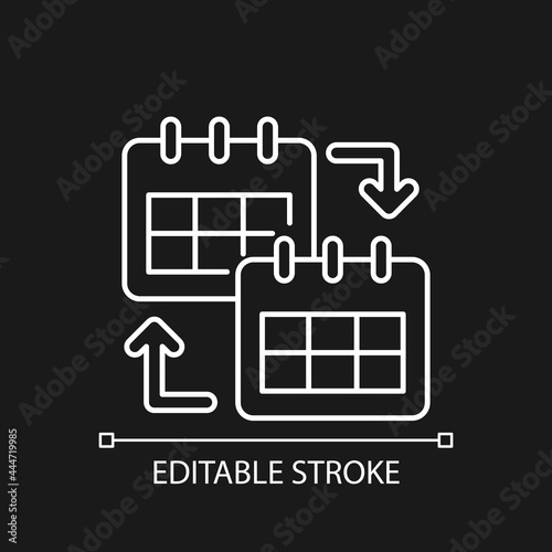 Calendar sharing white linear icon for dark theme. Control appointment with app. Work monitoring. Thin line customizable illustration. Isolated vector contour symbol for night mode. Editable stroke