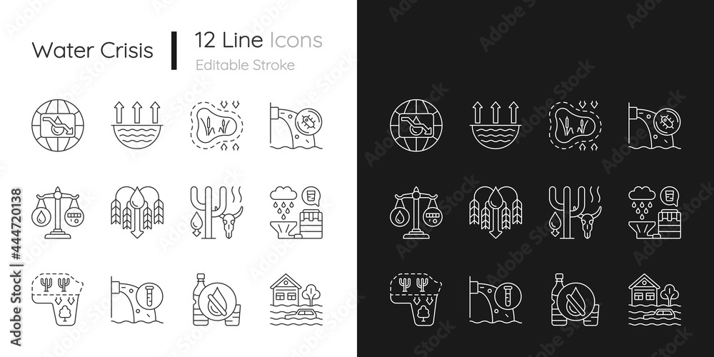 Global water crisis linear icons set for dark and light mode. Water resources contamination. Reuse, recycling. Customizable thin line symbols. Isolated vector outline illustrations. Editable stroke