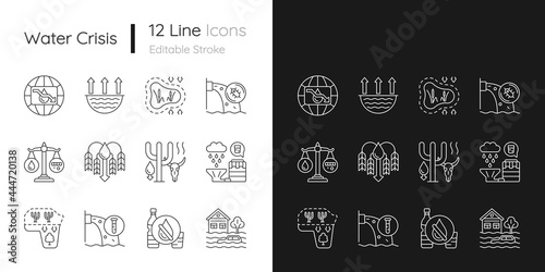 Global water crisis linear icons set for dark and light mode. Water resources contamination. Reuse, recycling. Customizable thin line symbols. Isolated vector outline illustrations. Editable stroke