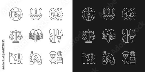 Water resources lacking linear icons set for dark and light mode. Water scarcity. Disappearing wetlands. Customizable thin line symbols. Isolated vector outline illustrations. Editable stroke