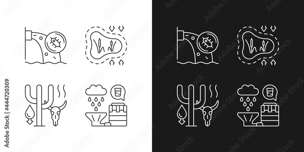 Rising water demand linear icons set for dark and light mode. Water contamination. Disappearing wetlands. Customizable thin line symbols. Isolated vector outline illustrations. Editable stroke Rising water demand linear icons set for dark and light mode. Water contamination. Disappearing wetlands. Customizable thin line symbols. Isolated vector outline illustrations. Editable stroke