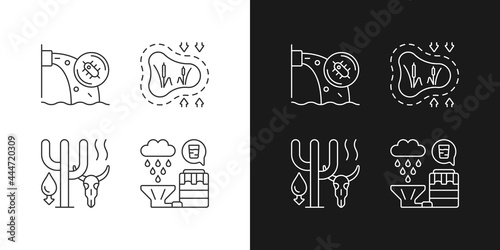Rising water demand linear icons set for dark and light mode. Water contamination. Disappearing wetlands. Customizable thin line symbols. Isolated vector outline illustrations. Editable stroke