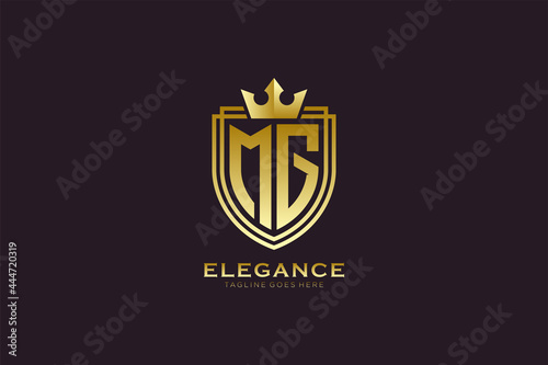initial MG elegant luxury monogram logo or badge template with scrolls and royal crown - perfect for luxurious branding projects