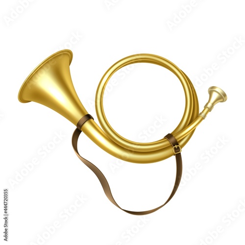 Golden trumpet. Realistic metal bugle. Royal decoration. 3D medieval monarchy herald musical instrument. Isolated brass horn. Music equipment for playing fanfares. Vector illustration