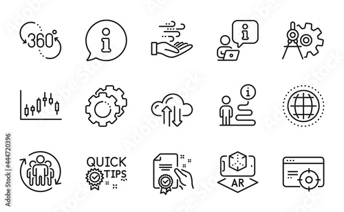 Science icons set. Included icon as Certificate, Wind energy, Candlestick graph signs. 360 degree, Cogwheel dividers, Quick tips symbols. Cloud sync, Globe, Augmented reality. Teamwork. Vector