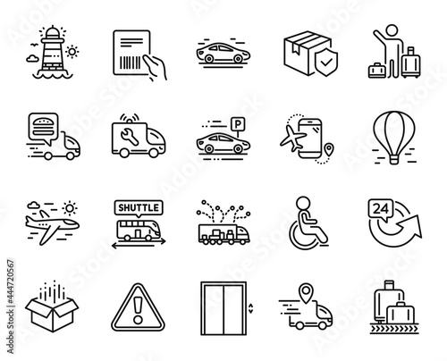 Vector set of Truck delivery, Flights application and Airport transfer line icons set. Airplane travel, Disabled and Car icons. Parcel insurance, Shuttle bus and Parcel invoice signs. Vector