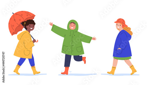 Children in raincoats and with umbrella in the rain. Kids walk in the rain. Flat vector cartoon illustration isolated on white background.