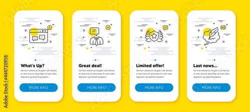 Vector set of Laureate, Support service and Browser window line icons set. UI phone app screens with line icons. Copyright chat icon. Award shield, Human talking, Website chat. Speech bubble. Vector