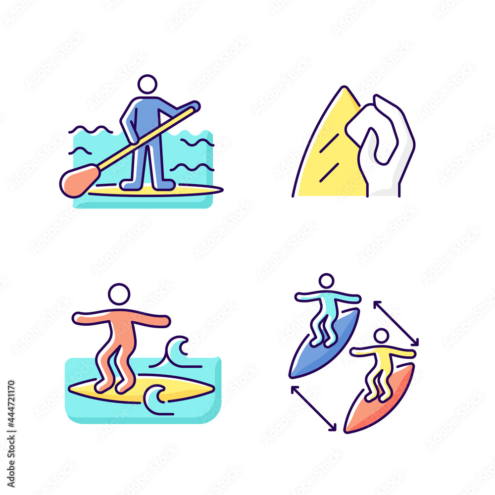 Riding waves in ocean RGB color icons set. Paddle board surfing ...