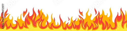 Seamless fire flame. Flaming pattern. Flammable horizontal line. Red and yellow blaze. Decorative burning mockup. Cartoon fiery tattoo template. Hot temperature. Vector illustration