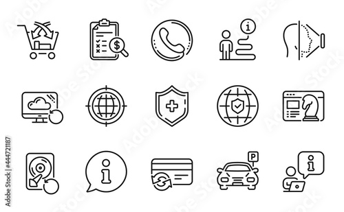 Technology icons set. Included icon as Recovery cloud, Cross sell, Medical shield signs. Seo strategy, Parking, Seo internet symbols. Accounting report, Change card, Recovery hdd. Face id. Vector