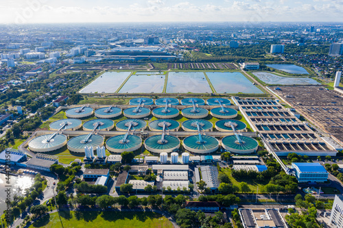 Aerial Top View of Drinking-Water Treatment. Microbiology of drinking water production and distribution, water treatment plant, planing, roof plan	