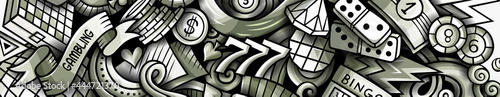 Casino hand drawn doodle banner. Cartoon vector detailed flyer.